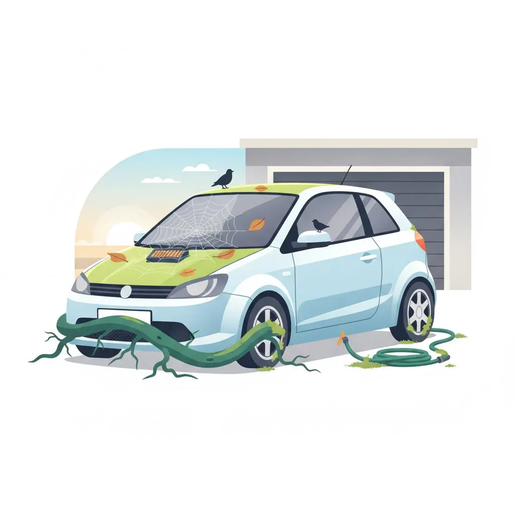 Wide shot of a car parked in a well-lit garage or workshop, a mechanic's tools visible in the foreground. The car is slightly older, suggesting regular maintena